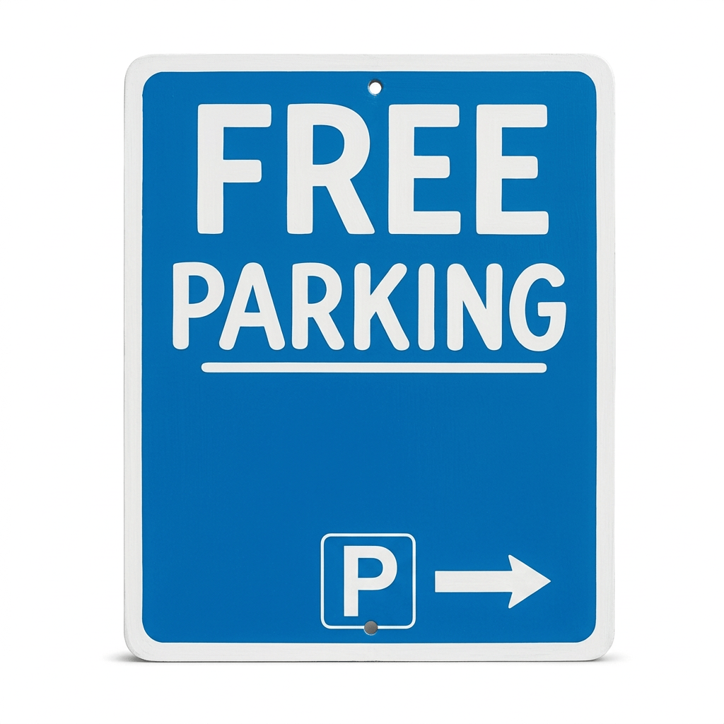 Blue sign reading FREE PARKING, 9 AMโ6 PM, 2 HOUR LIMIT